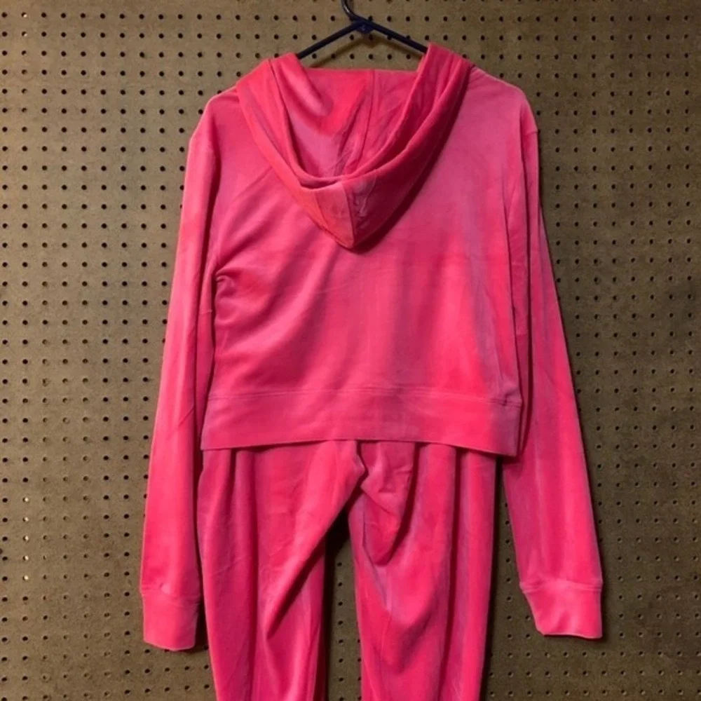 Juicy Couture Pink Velour Tracksuit Hoodie Pants Set Rhinestone‎ Logo Large Y2K